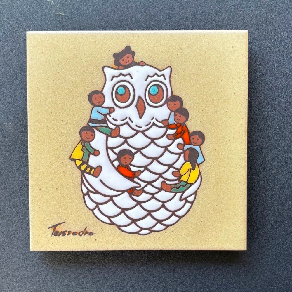 Cleo Teissedre Hand Painted Ceramic Tile Owl with Children‎ Trivet Wall Decor